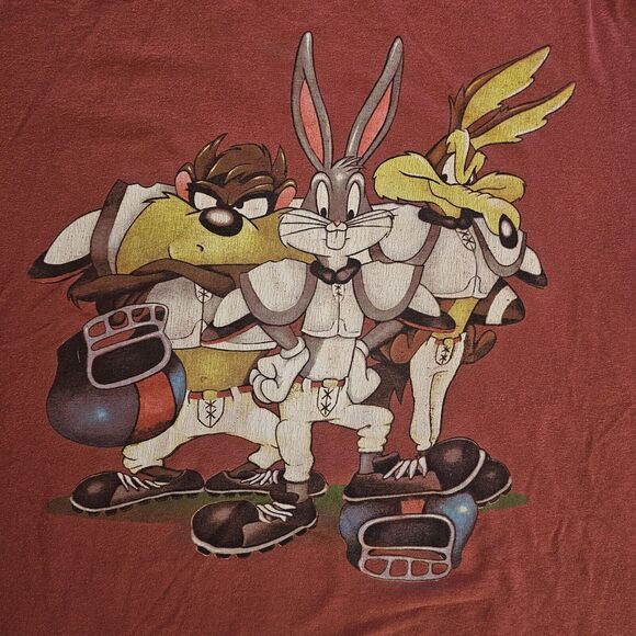 Vintage Looney Tunes Taz Bugs Warner Bros Football Single Stitch T-Shirt XL 90s - Picture 1 of 8